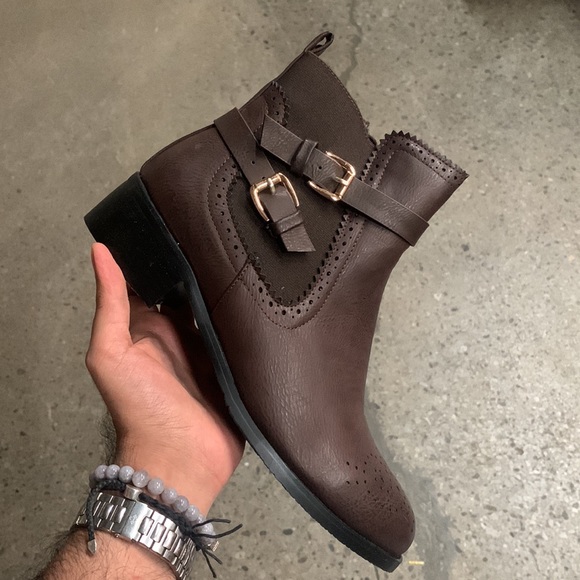 Women’s Western Zip Buckle Detail Flat Ankle Boot in Brown Faux Leather - Picture 6 of 16